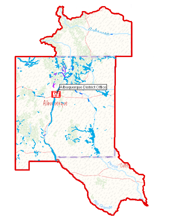 Map showing the boundaries of the USACE-Albuquerque District (in red) with the waters in the district shown in blue.